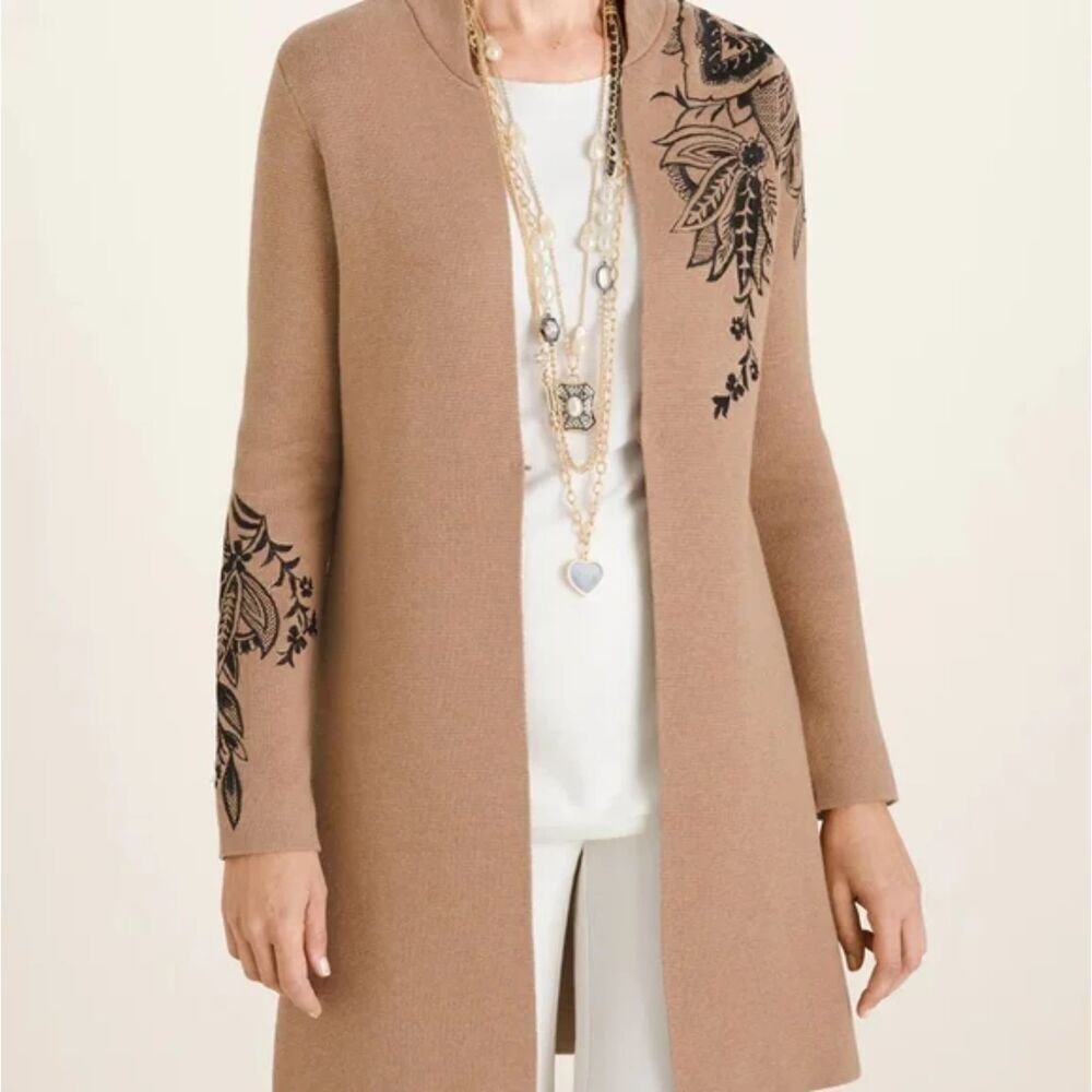 NWT Chico's Tan Brown w/Black Floral Embroidery Duster Knit Cardigan sz 2/Large